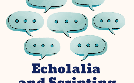 An illustration of a group of speech bubbles all the same color to indicate its the same person talking. The text says, "Echolalia and Scripting: Why We Autistics Repeat." In the top right corner is the Neurodiverging logo which looks like a pinwheel.