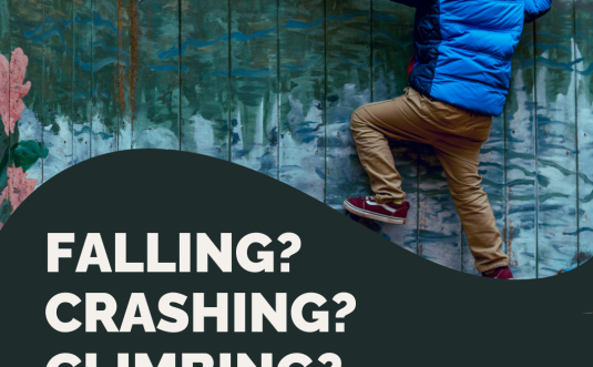 A sensory seeking child climbing a rock wall. The text says, "Falling? Crashing? Climbing? Hyposensitivity could be the culprit."