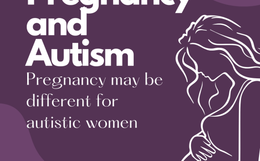 An illustration that is an outline of a pregnant woman. The text says, "Pregnancy and Autism: Pregnancy may be different for autistic women." In the bottom left corner is the logo for neurodiverging, which looks like a pinwheel and has the word "neurodiverging" underneath.
