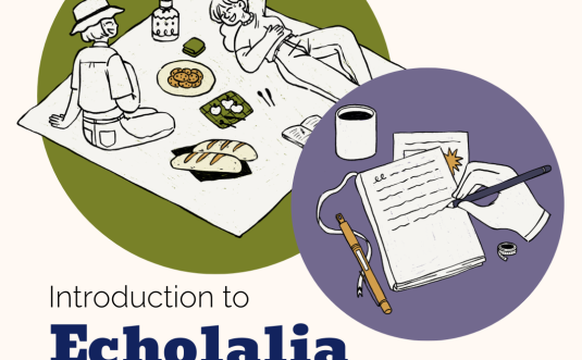 Two illustrations in separate circles. One is an illustration of two people relaxing on a picnic blanket, and the other is a hand writing in a notebook. The text reads, "Introduction to Echolalia and Scripting." In the bottom corner is Neurodiverging's logo which looks like a pinwheel.