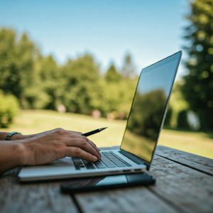 A hand resting on a laptop's keyboard. 