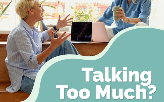 Two people talking. The title says, "Talking Too Much? Tips for Neurodivergent Folks Navigating Conversation." The Neurodiverging logo is in the bottom left corner which looks like a pinwheel with the word "neurodiverging" underneath.