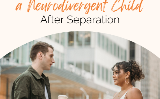 Two people standing, talking to one another. The text says, "How to Co-Parent a Neurodivergent Child After Separation." In the bottom left corner is the logo for Neurodiverging, which looks like a wheel.