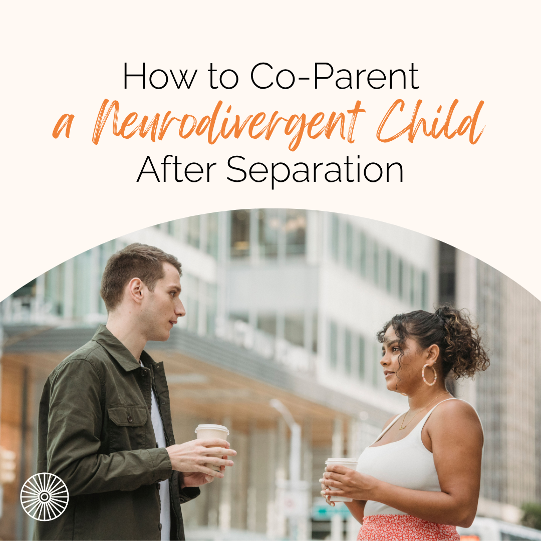 Two people standing, talking to one another. The text says, "How to Co-Parent a Neurodivergent Child After Separation." In the bottom left corner is the logo for Neurodiverging, which looks like a wheel.